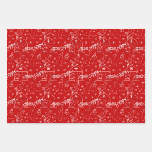 Red green & white Christmas winter cats Geschenkpapier Set (Vorderseite)