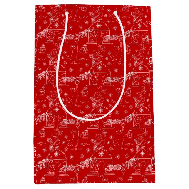 Red green & white Christmas winter cats Mittlere Geschenktüte (Vorderseite)
