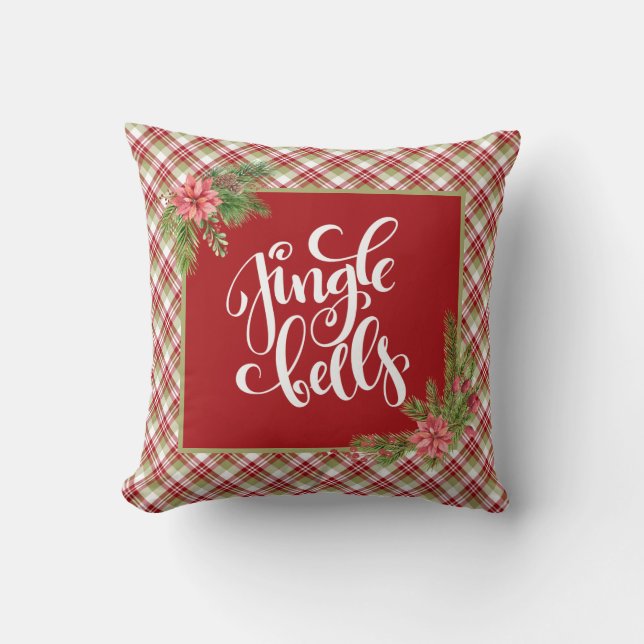 Red Green White Holiday Kariert Jingle Bells Kissen (Vorderseite)