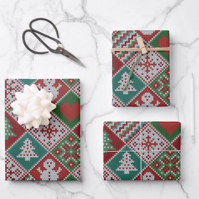Red Green White Imitats Strick Weihnachtsmuster Geschenkpapier Set (Vorderseite)