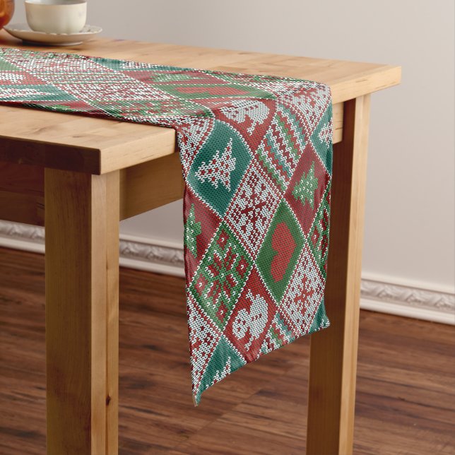 Red Green White Imitats Strick Weihnachtsmuster Kurzer Tischläufer (Beispiel)