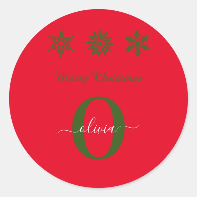 Red Green White Monogram Script Frohe Weihnachten Runder Aufkleber (Vorderseite)