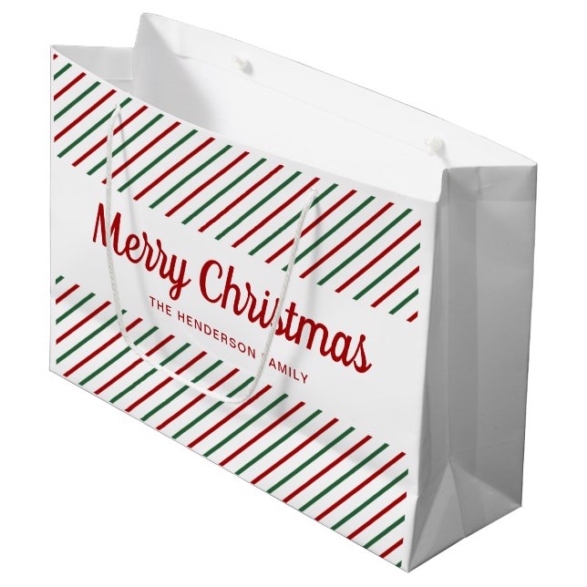 Red Green White Stripes Frohe Weihnachten Große Geschenktüte (Vorderseite Schrägansicht)