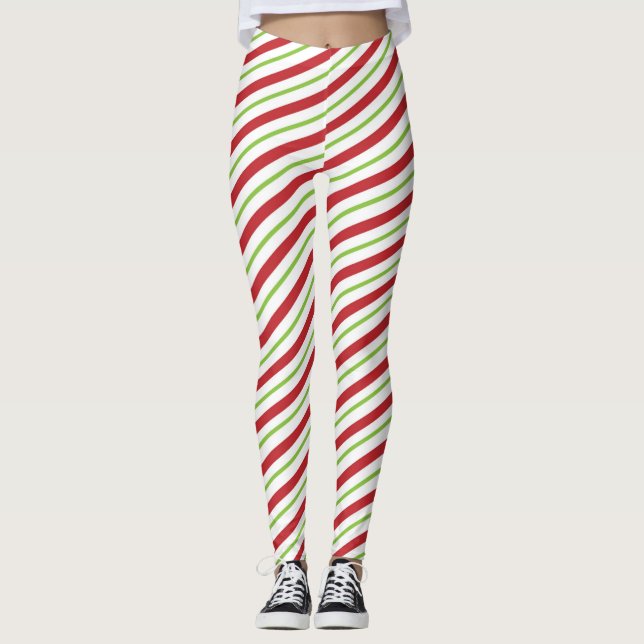 Red Green White Stripes Weihnachtsmuster Leggings (Vorderseite)