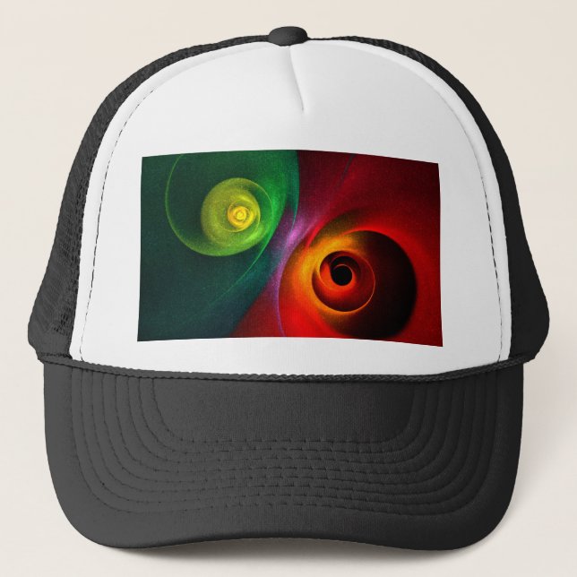 Red Green Yin Yang Modernes Abstraktes Kunstmuster Truckerkappe (Vorderseite)