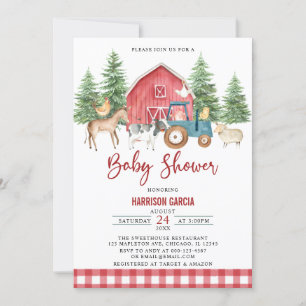 Red Greenery Barnyard Farm Animals Baby Shower Einladung