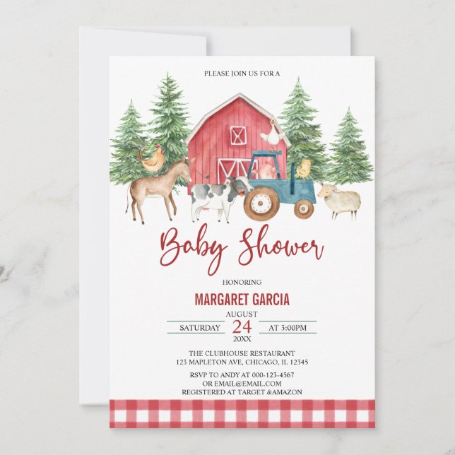 Red Greenery Barnyard Farm Animals Baby Shower Einladung (Vorderseite)