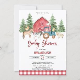 Red Greenery Barnyard Farm Animals Baby Shower Einladung