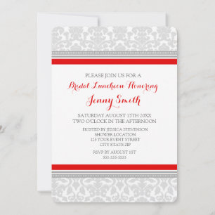 Red Grey Damask Bridal Lunch Cartes d'invitation
