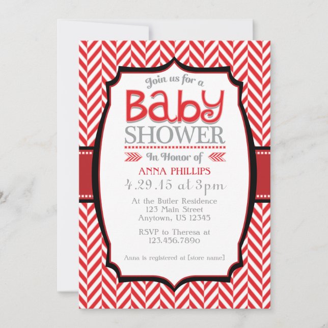 Red Grey Herringbone Baby Shower Invitations (Devant)