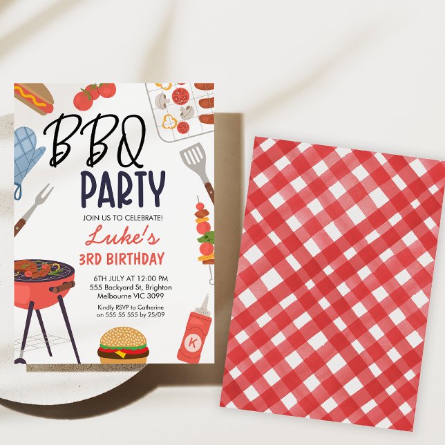 Red Grillen Blue Oven Mitt Boys Grillen Birthday Einladung (Bbq birthday party invitation, Backyard Bbq Birthday Invitation, Gingham, blue mitt, Summer Bbq)
