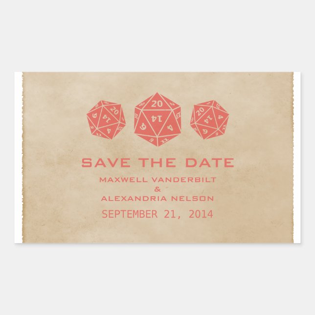 Red Grunge D20 Dice Gamer Save the Date Stickers (Vorderseite)