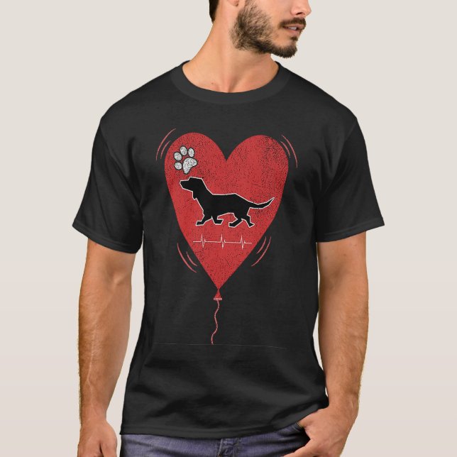 Red Grunge Heart Dachshund Heartbeat Valentine Bal T-Shirt (Vorderseite)