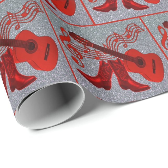 Red Guitar Cowboy Boots Music Imitate Glitzer Silv Geschenkpapier (Rolleneckpunkt)