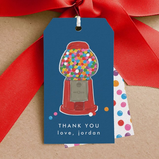Red Gumball Machine Bonbons Kaugummi Danke Geschenkanhänger (Red gumball machine birthday party thank you blue gift tag.)