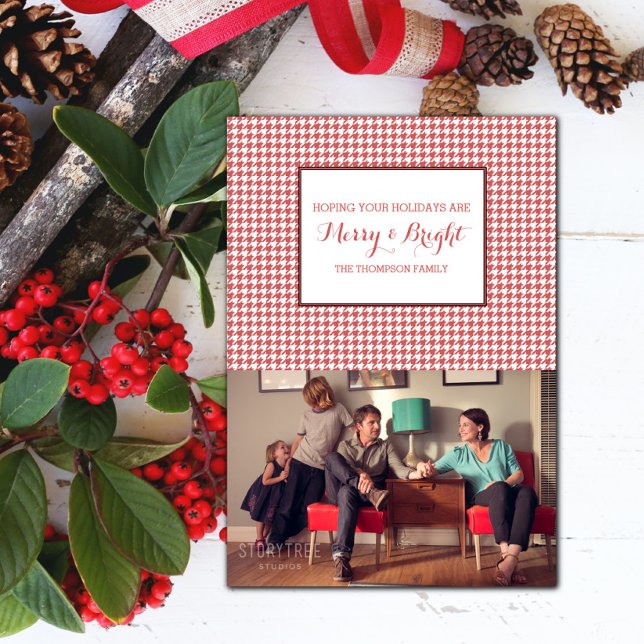 Red Hahnentrittmuster Holiday Foto Card Einladung (Red Houndstooth Holiday Photo Card)