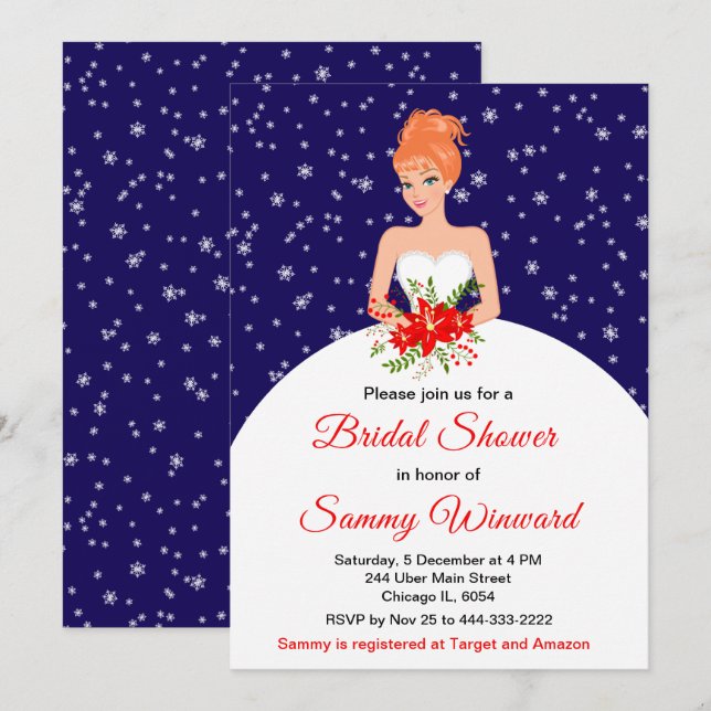 Red Hair Bride Snowflake Navy Brautparty Einladung (Vorne/Hinten)