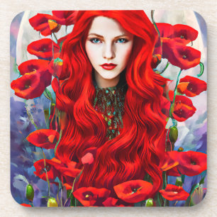 Red Hair Girl In Poppy Blume Fantasy Art Getränkeuntersetzer