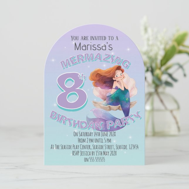 Red Hair Mermaid Age Birthday Party Invitation (Debout devant)