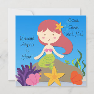Red Hair Mermaid Custom Birthday Einladung