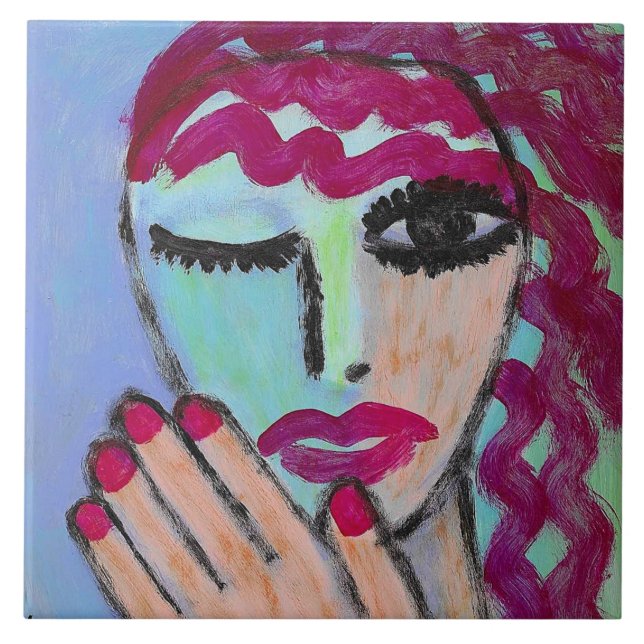 Red Hair Red Nails Abstract Portrait Fliese (Vorderseite)