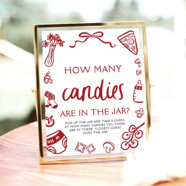 Red Hand Drain Guess Wie viele Candies Baby Dusche Poster (Red Hand Drawn Guess How Many Candies Baby Shower Sign)