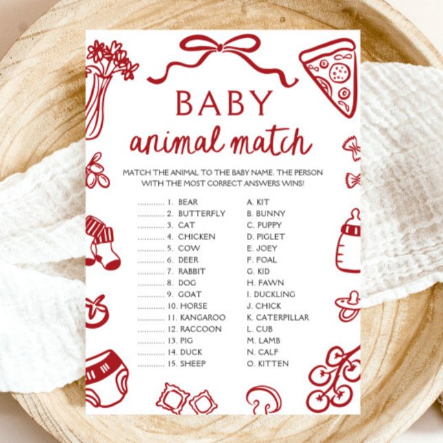 Red Hand Drawn Baby Match Baby Shower Game Einladung (Red Hand Drawn Baby Animal Match Baby Shower Game)