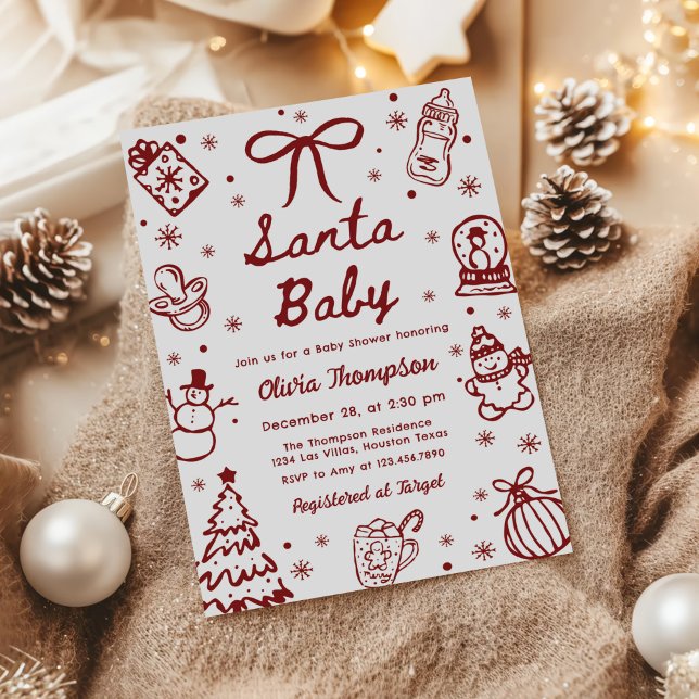 Red Hand Drawn Christmas Santa Baby Shower Einladung (Von Creator hochgeladen)