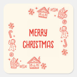 Red Hand Drawn Doodle Whimsical Frohe Weihnachten Quadratischer Aufkleber