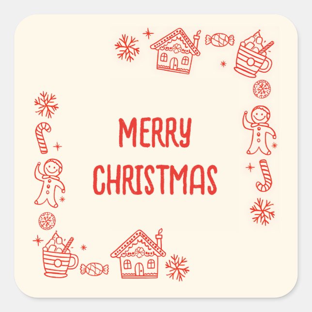 Red Hand Drawn Doodle Whimsical Frohe Weihnachten Quadratischer Aufkleber (Vorderseite)