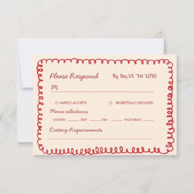  red hand drawn heart whimsical wedding RSVP karte (Vorderseite)