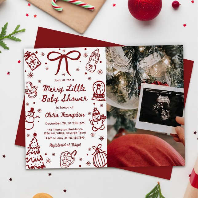 Red Hand Drawn Merry Little Baby Shower Photo Einladung (Von Creator hochgeladen)
