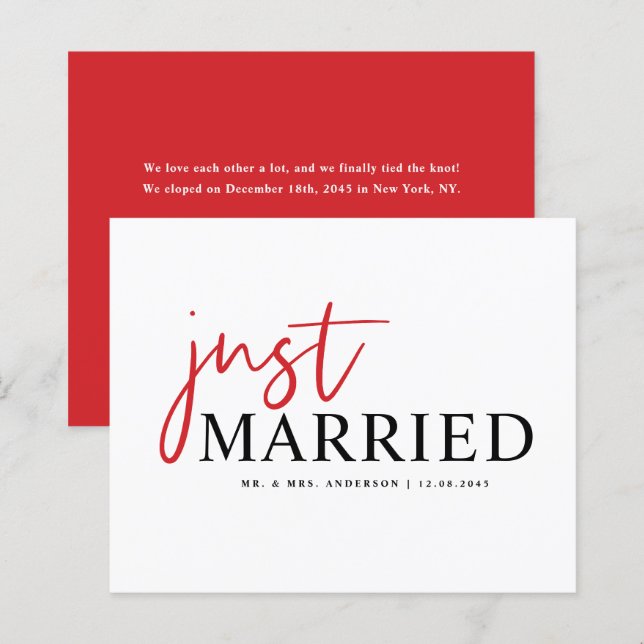 Red Handwriting Just Married Announcement (Vorne/Hinten)