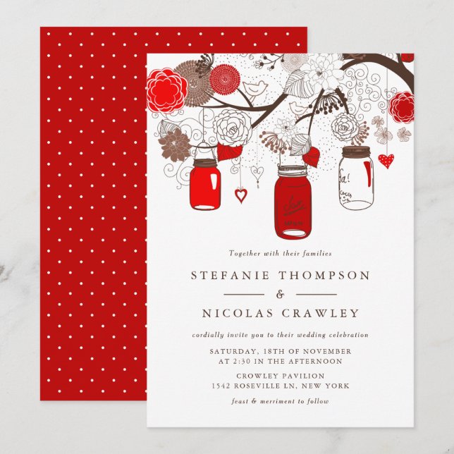 Red Hanging Mason Jars Wedding Einladung (Vorne/Hinten)