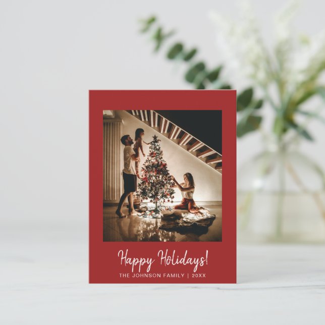 Red Happy Holidays Foto Postkarte (Stehend Vorderseite)