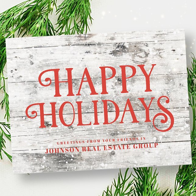 Red Happy Holidays on Wood | Feierliche Grüße Postkarte (Von Creator hochgeladen)