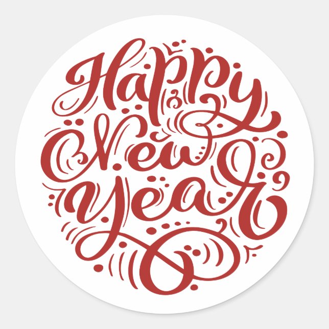 Red Happy New Year Modern Calligraphy Runder Aufkleber (Vorderseite)