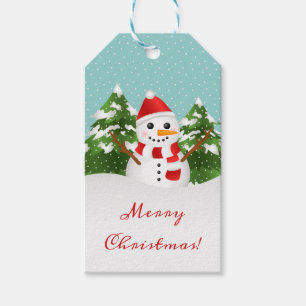 Red Hat Snowman Fir Tree Winter Forest Weihnachten Geschenkanhänger