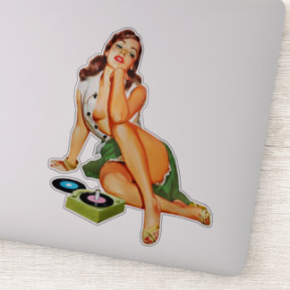Red Head Button-up Girl Playing Old Platten Aufkleber