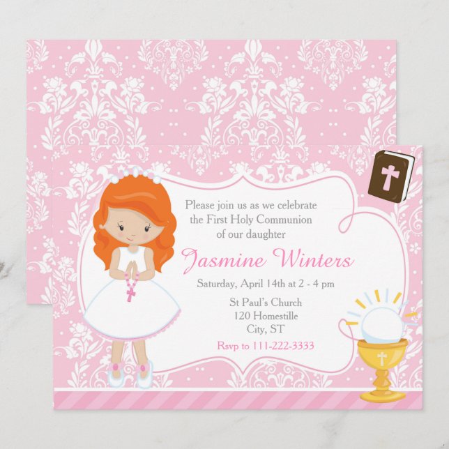 Red Head Girl First Kommune Damask Einladung (Vorne/Hinten)