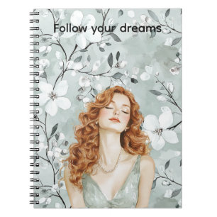 Red Head Lady Mint Dress Floral Notizblock