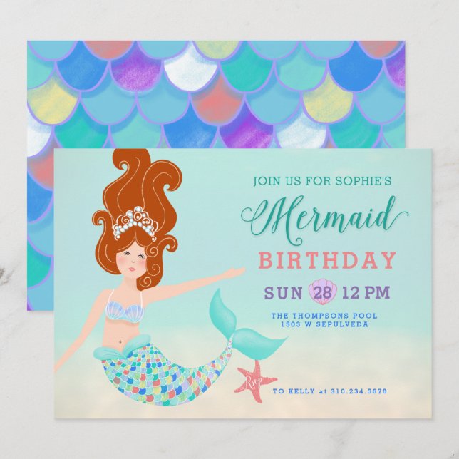 Red Head White Mermaid Birthday Party Einladung (Vorne/Hinten)