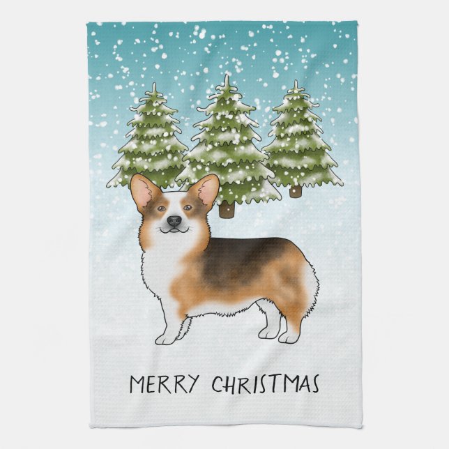 Red Headed Tri Pembroke Corgi Winter Weihnachten Geschirrtuch (Vertikal)