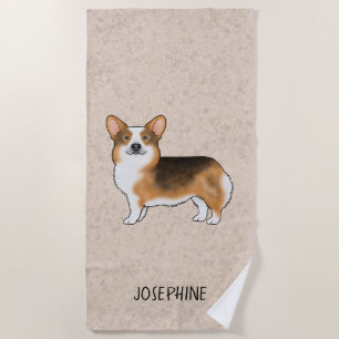 Red Headed Tricolor Pembroke Welsh Corgi und Name Strandtuch