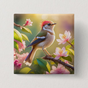 Red Header Buff Chested Warbler Fantasy Bird Button