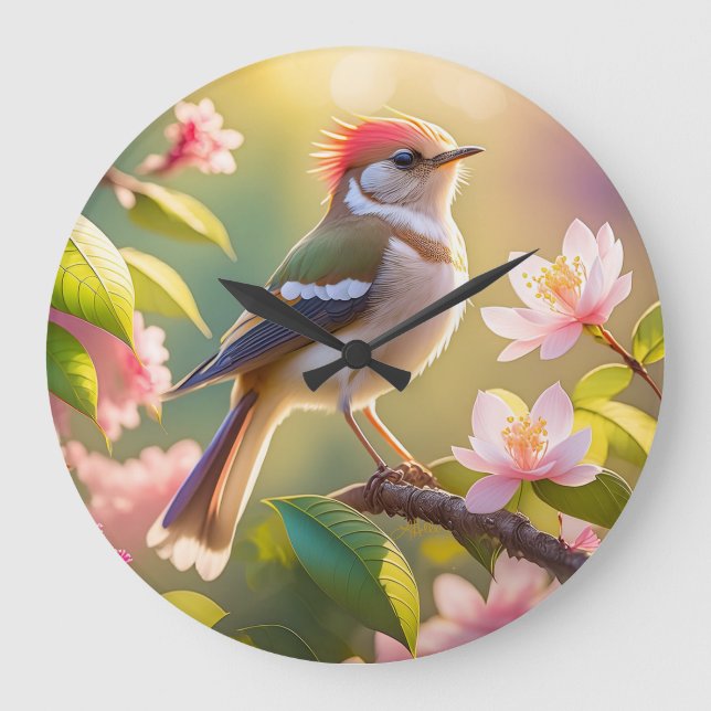 Red Header Buff Chested Warbler Fantasy Bird Große Wanduhr (Vorderseite)