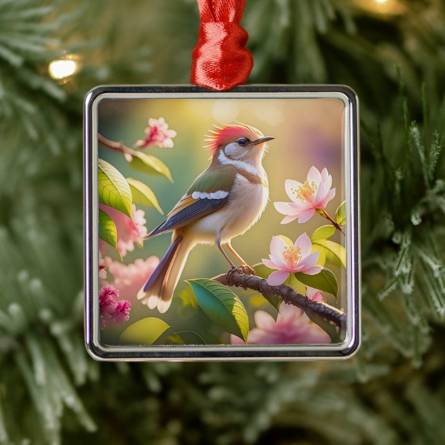 Red Header Buff Chested Warbler Fantasy Bird Ornament Aus Metall (Baum)