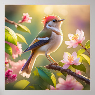 Red Header Buff Chested Warbler Fantasy Bird Poster