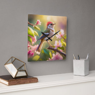 Red Header Buff Chested Warbler Fantasy Bird Quadratische Wanduhr