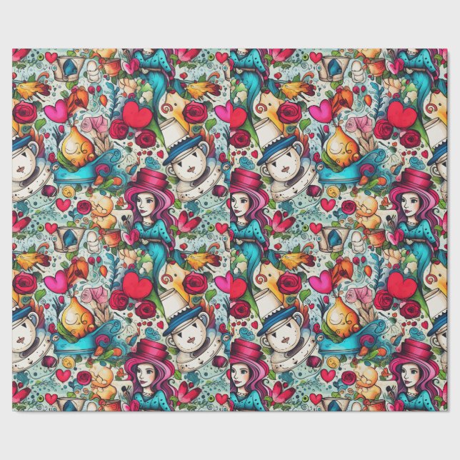 Red Heart Alice Tee Party Thema Geschenkpapier (Saum)